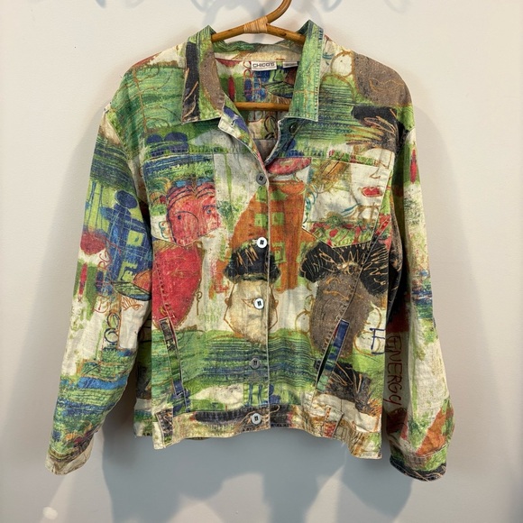 Vtg Chico’s Abstract Art to Wear Faces Graffiti Funky Linen Jacket Size 3/XL - Picture 1 of 11